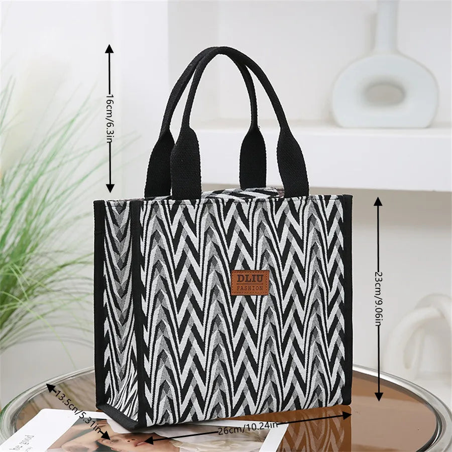 Chevron Pattern Canvas Tote Bag, Retro Letter Patch Decor Handbag, Women's Causal Shopper & Commuter Bag