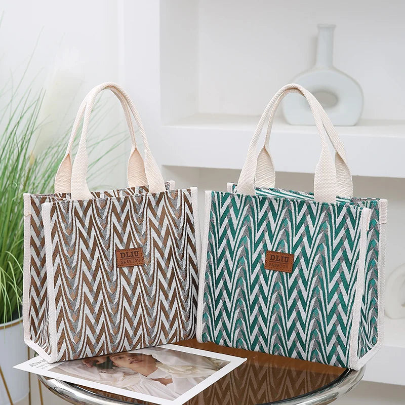 Chevron Pattern Canvas Tote Bag, Retro Letter Patch Decor Handbag, Women's Causal Shopper & Commuter Bag