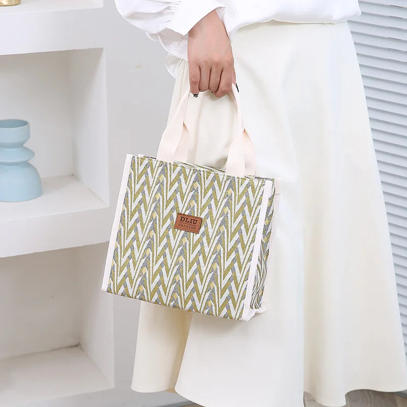 Chevron Pattern Canvas Tote Bag, Retro Letter Patch Decor Handbag, Women's Causal Shopper & Commuter Bag