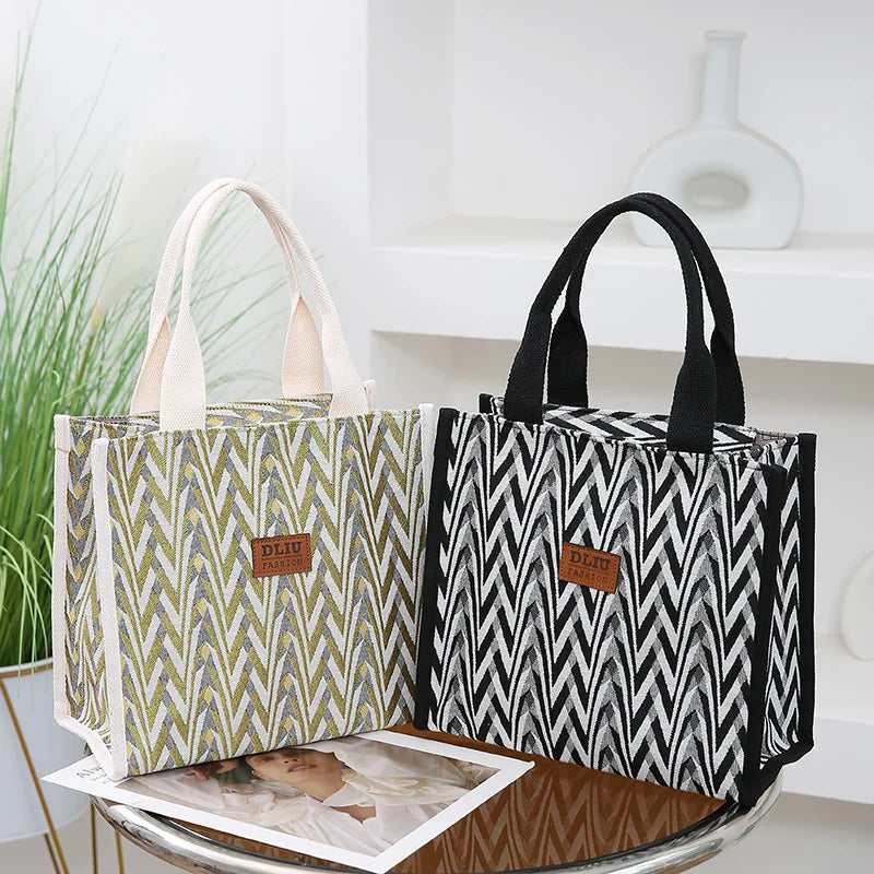 Chevron Pattern Canvas Tote Bag, Retro Letter Patch Decor Handbag, Women's Causal Shopper & Commuter Bag
