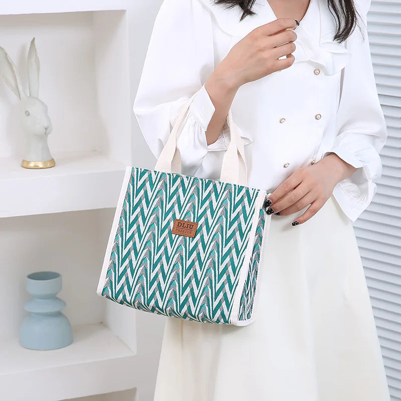 Chevron Pattern Canvas Tote Bag, Retro Letter Patch Decor Handbag, Women's Causal Shopper & Commuter Bag