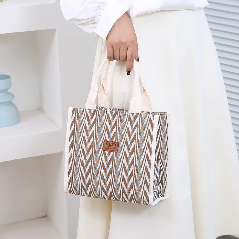 Chevron Pattern Canvas Tote Bag, Retro Letter Patch Decor Handbag, Women's Causal Shopper & Commuter Bag